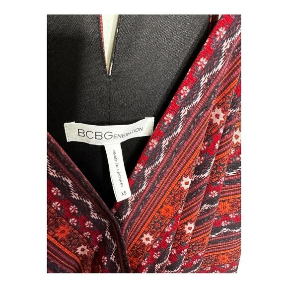 BCBG XS Midi Dress Surplice Draped Burgundy Boho Floral V Neck Halter Pockets - Picture 4 of 8